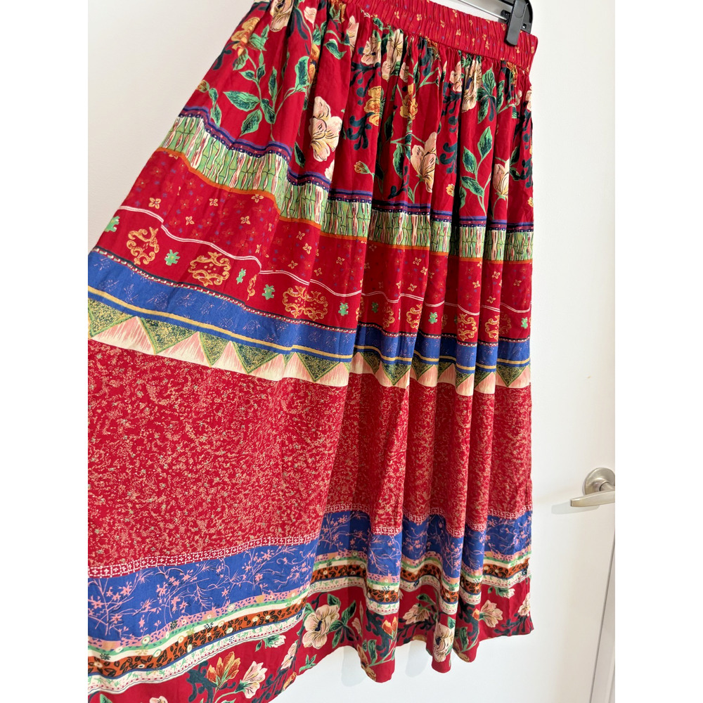 Vintage Red Blue Floral Maxi Skirt Womens large Boho Striped Rayon Cottagecore - Picture 3 of 9